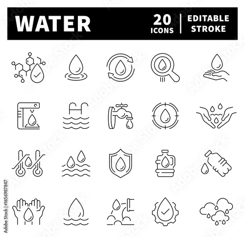 Water related icons. Water treatment vector icons in line style. Water treatment outline icon set