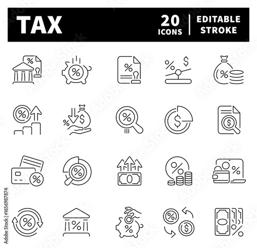  TAX icons set. TAX vector icons in line style. Outline TAX icons
