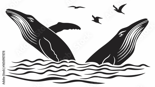 Two whales breaching the water surface with birds flying above in a monochrome illustration style