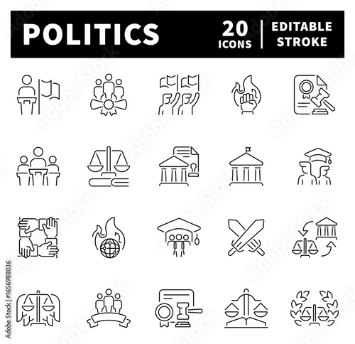 Politics related icons set. Politics vector icons in line style. Outline politics icons