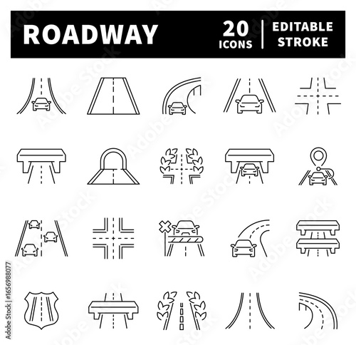 Road and traffic icons set. Roadway vector icons in line style. Roadway related icons