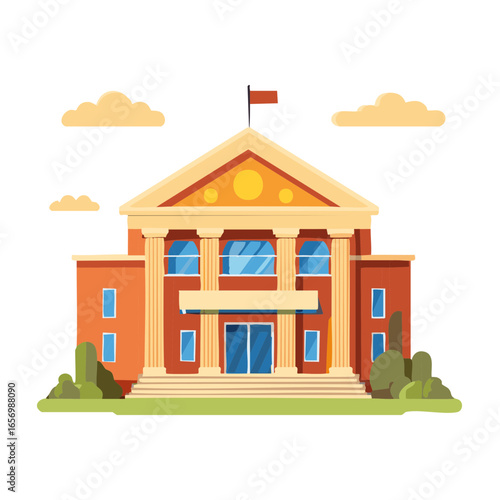 Vector illustration of a Courthouse facade with columns and a flag in a cartoon style