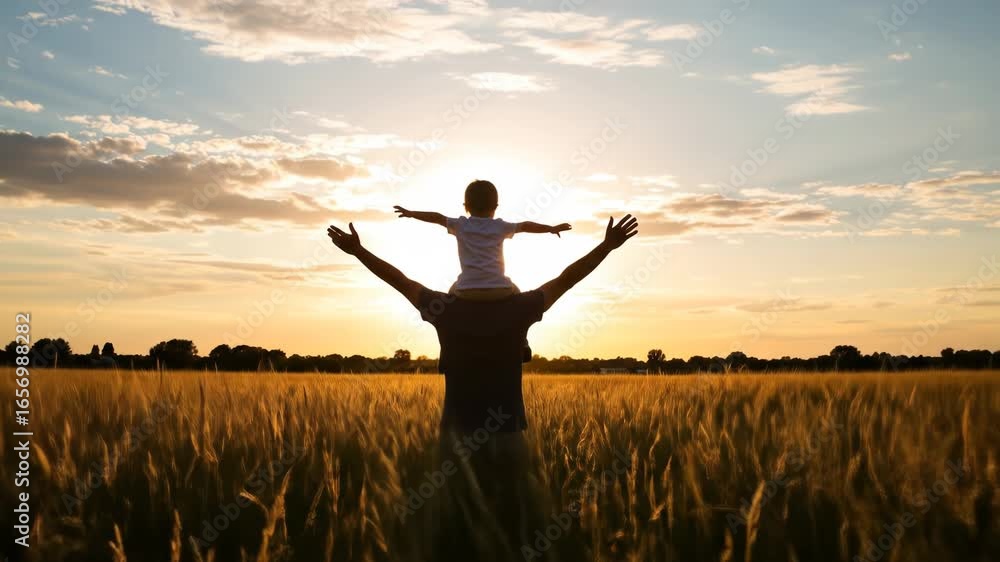 Silhouette of parent with child on shoulders in field at sunset with arms raised in the golden hour Silhouette of parent with child on shoulders in field at sunset with arms raised in the golden hour
