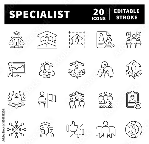 Specialist related icons set. Specialist vector icons in line style.