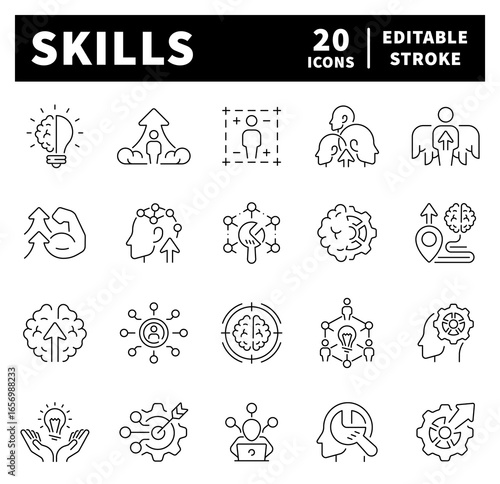 Set of line icons related to upskill, upskilling, personal growth, development, education, career. Skills vector icons in line style. Skill upgrade related icons set.