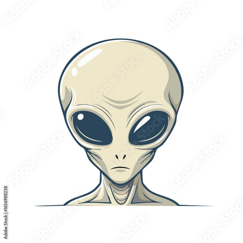 Extraterrestrial Being Close Up of Grey Alien Creature with Large Dark Eyes Illustration