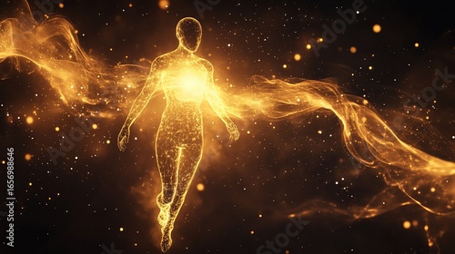 Glowing human form amidst cosmic energy. Golden hues and glowing particles create a serene atmosphere.