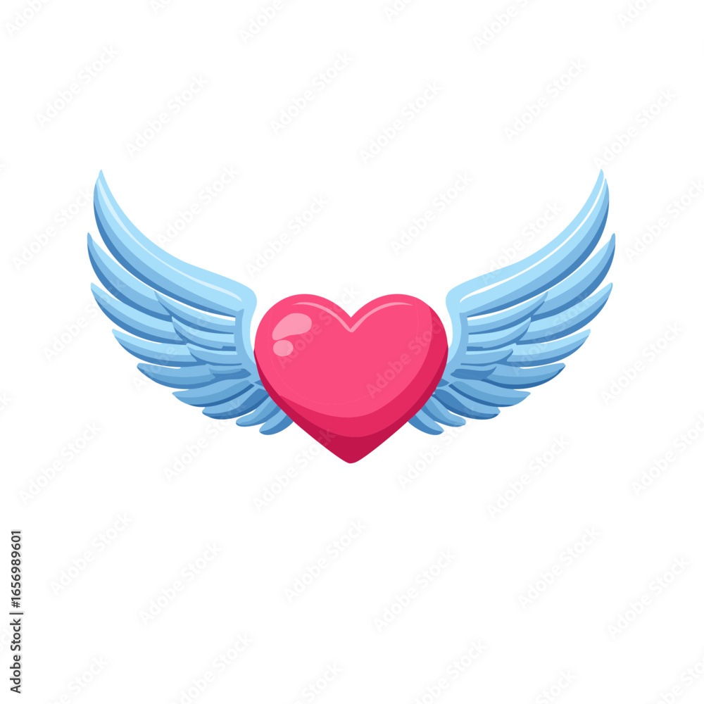 Naklejka premium Stylized heart with feathered wings design, pink heart shape with blue angel wings, romantic symbol vector