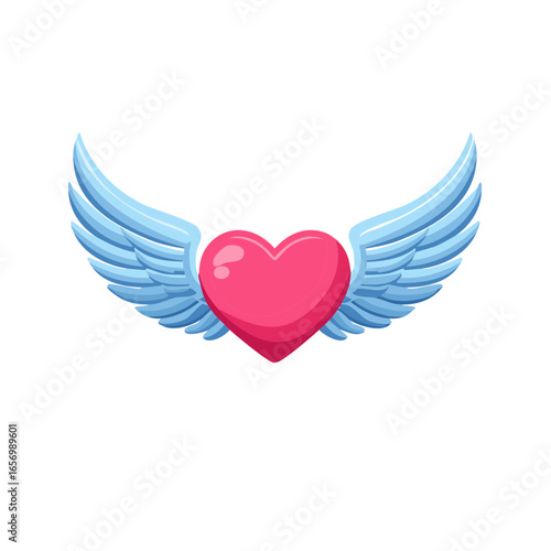 Stylized heart with feathered wings design, pink heart shape with blue angel wings, romantic symbol vector