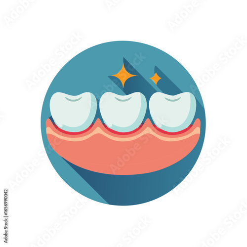 Cartoon Dental Illustration with Shiny Teeth and Gums on a Teal Round Badge