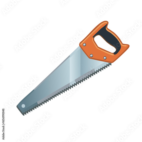 Illustration of a hand saw with an orange handle, featuring sharp teeth for cutting wood and construction materials