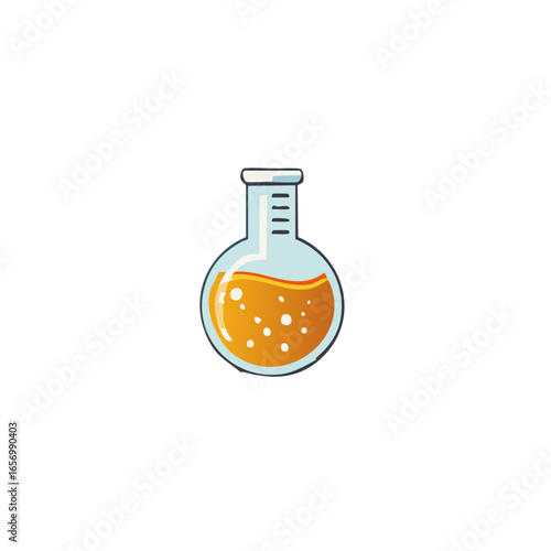 Cartoon Illustration of Round Bottom Flask with Bubbles and Liquid for Science Education