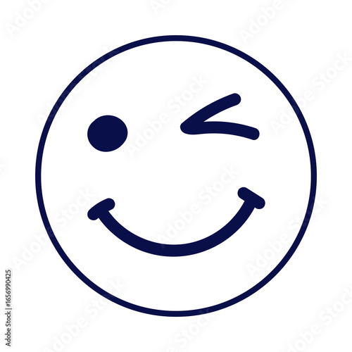 Simple hand drawn winking smiley face with a dark blue outline