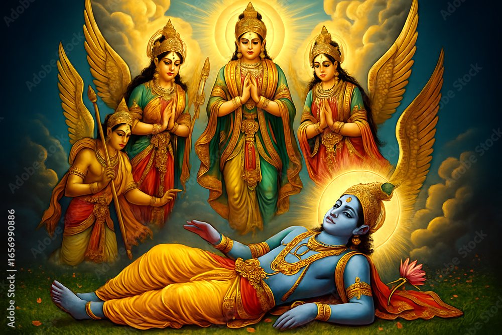 Obraz premium A Heavenly Descent A Divine Lord Rests while Celestial Beings Offer Prayers
