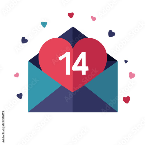 Open Envelope with Heart Shapes and Number 14 Valentine's Day Celebration Holiday Illustration