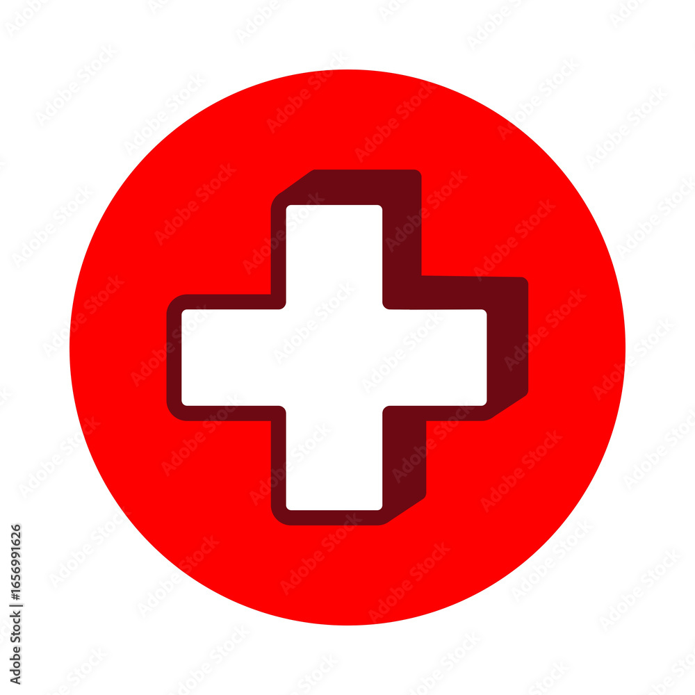 Red circle with white plus sign and shadow Red circle with white plus sign and shadow