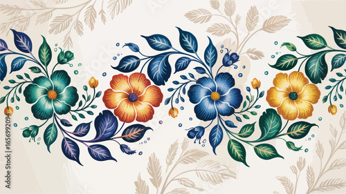 Colorful floral pattern featuring a variety of flowers and leaves on a light background artwork design