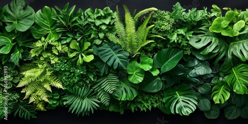 Lush green vertical garden with various leaves creating a vibrant and natural wall decoration.