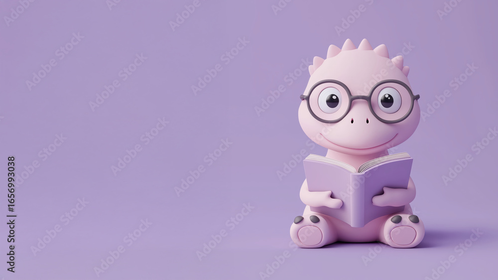 Fototapeta premium Cute dinosaur with glasses reading book on purple background. Back to school education concept.