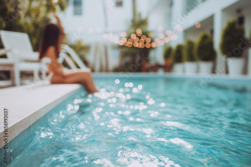 Relaxing by the poolside under string lights at sunset in a serene setting