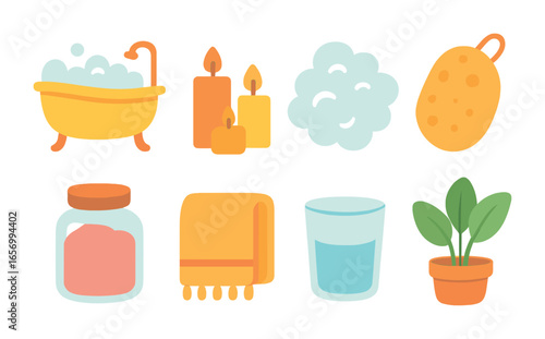 Bath Essentials Grid. Flat vector mini-illustrations bath and self-care essentials in colors children's