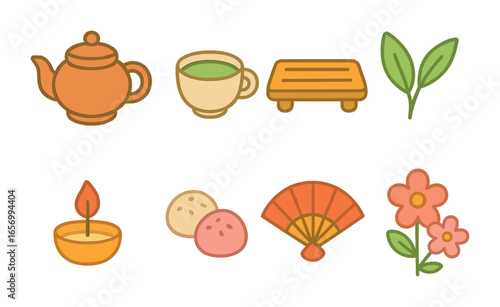 Tea Ceremony Icons. Flat vector mini-illustrations tea ceremonies in colors children's illustrations: teapot,