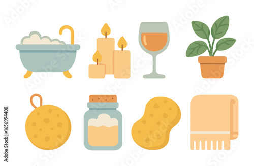 Relaxing Bath Icons. Flat vector mini-illustrations peaceful bath moments in colors children's illustrations: