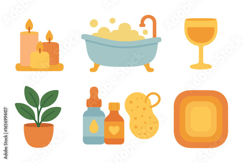 Children's Bath Icons. Flat vector mini-illustrations evening bath setup in colors children's illustrations: