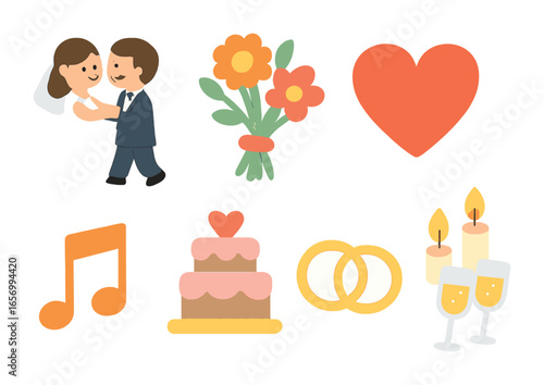 Wedding Celebration Icons. Flat vector mini-illustrations wedding dance moments in colors children's