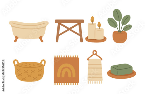 Boho Kids Bathroom Icons. Flat vector mini-illustrations boho bathroom vibe in colors children's illustrations