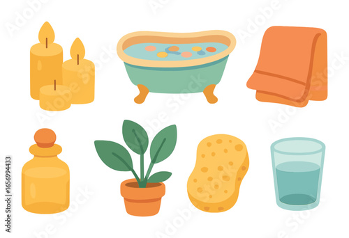 Cozy Bath Icons. Flat vector mini-illustrations candlelight bath setting in colors children's illustrations: