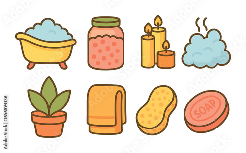 Children's Bath Essentials. Flat vector mini-illustrations luxurious bath essentials in colors children's