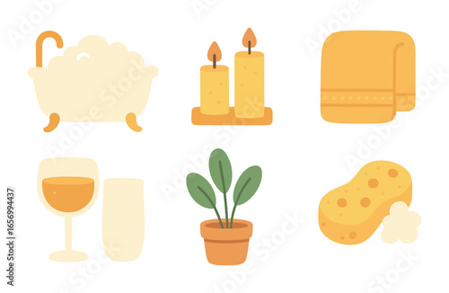 Relaxing Bath Icons. Flat vector mini-illustrations relaxing bath routine in colors children's illustrations: