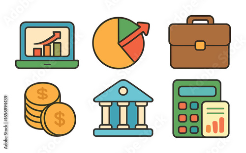 Colorful Investment Icons. Flat vector mini-illustrations investment strategies in colors children's