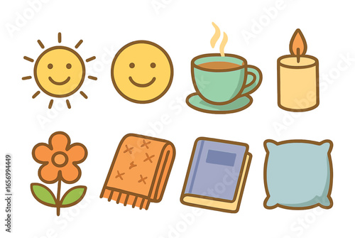 Cozy Relaxation Icons. Flat vector mini-illustrations relaxation triggers in colors children's illustrations: