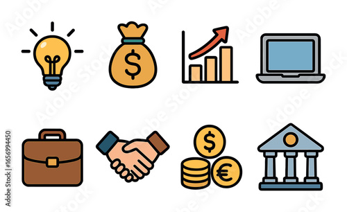 Startup Funding Icons. Flat vector mini-illustrations startup funding in colors children's illustrations: