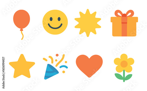 Joyful Kids' Icons. Flat vector mini-illustrations joy triggers in colors children's illustrations: balloon,