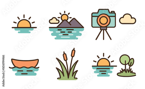 Sunrise Reflection Icons. Flat vector mini-illustrations sunrise reflections in colors children's