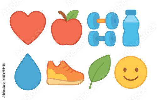 Healthy Lifestyle Icons. Flat vector mini-illustrations healthy heart in colors children's illustrations:
