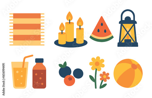 Colorful Picnic Icons. Flat vector mini-illustrations evening picnic in colors children's illustrations:
