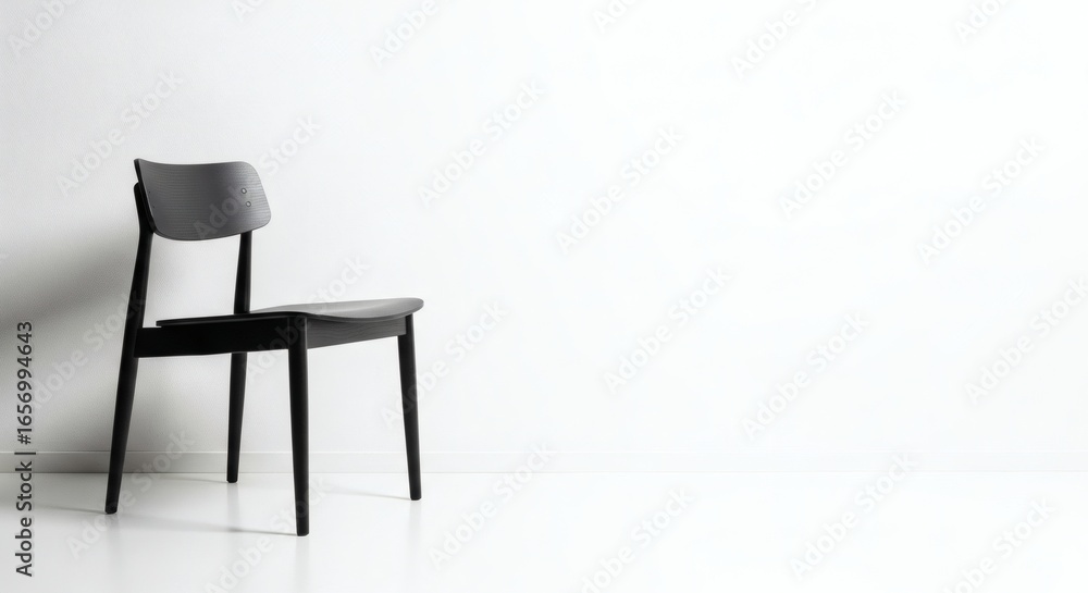 Obraz premium Minimalist aesthetic black chair against white wall backdrop offers copy space for design ideas