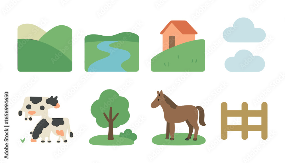 Naklejka premium Children's Valley Scene. Flat vector mini-illustrations panoramic valley view in colors children's