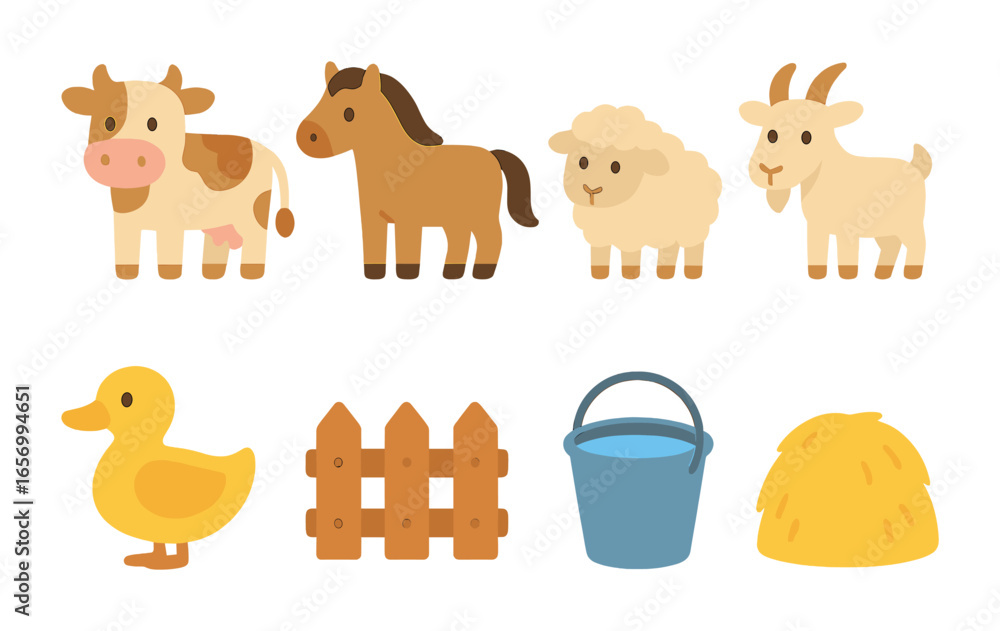 Fototapeta premium Grazing Animals Icons. Flat vector mini-illustrations grazing animals in colors children's illustrations: cow,