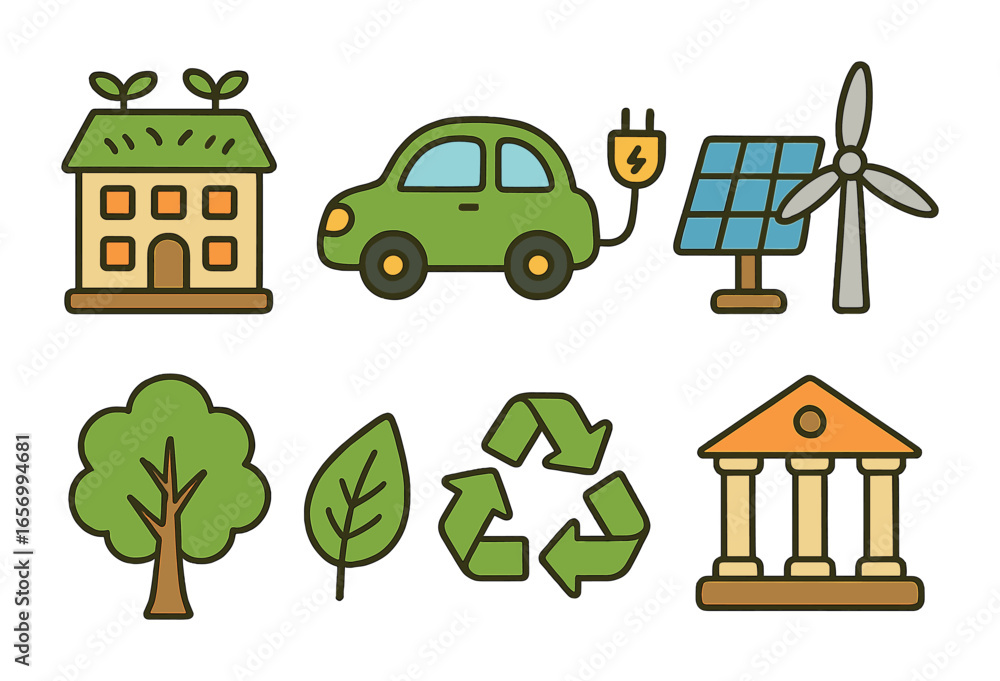 Fototapeta premium Eco-Friendly Icons Grid. Flat vector mini-illustrations climate-friendly businesses in colors children's
