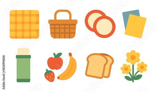 Colorful Picnic Icons. Flat vector mini-illustrations picnic setup in colors children's illustrations: