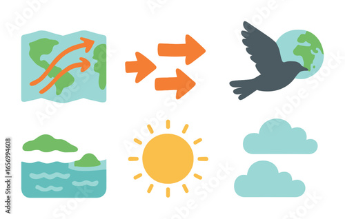 Migratory Routes Map. Flat vector mini-illustrations migratory routes in colors children's illustrations: map,