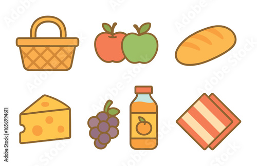 Children's Picnic Icons. Flat vector mini-illustrations picnic basket in colors children's illustrations: