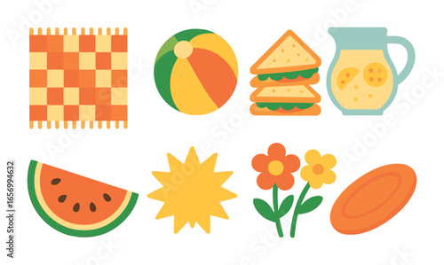 Children's Picnic Icons. Flat vector mini-illustrations picnic with friends in colors children's illustrations