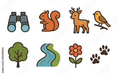 Nature Observation Icons. Flat vector mini-illustrations nature observation in colors children's illustrations