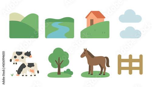 Children's Valley Scene. Flat vector mini-illustrations panoramic valley view in colors children's